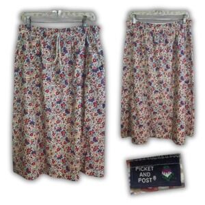 Picket and Post Vintage Floral Midi Skirt Red Blue Calico Elastic Waist Cottage